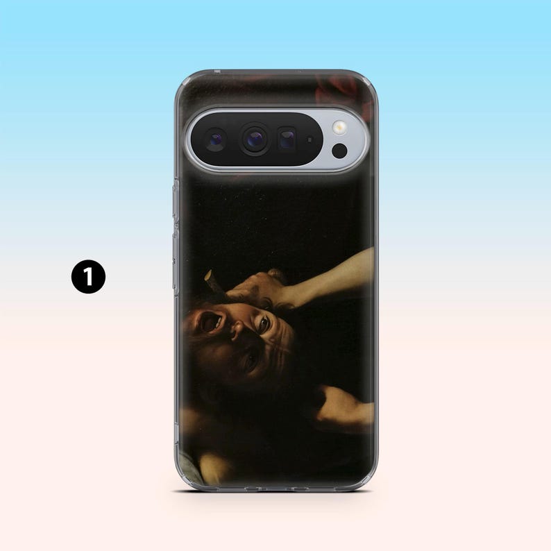 May include: A clear phone case featuring a painting depicting a dramatic scene with a person's face in anguish. The artwork is dark with a focus on the emotional intensity of the subject. The phone case has a camera cutout.