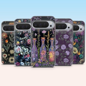 May include: Five phone cases with floral and botanical designs. The cases feature dark backgrounds with colourful flowers, skulls, and bottles. The cases are made of a clear material and have a sleek, modern design.