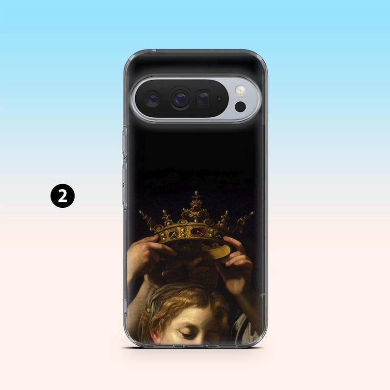 May include: Clear phone case featuring a Renaissance painting of a golden crown being placed on a person's head. The artwork has a dark background and the phone case has a black camera module.