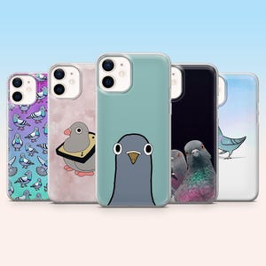 May include: Five phone cases with pigeon-themed designs. The cases showcase diverse illustrations, from cartoon pigeons to realistic bird portraits, set against a gradient blue backdrop. Each case has a clear protective border.