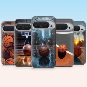 May include: Five smartphone cases featuring basketball-themed designs. The cases display various imagery including a pattern of basketballs, a basketball on a wet city court, a basketball on a court floor, and a basketball on an outdoor court.