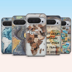 May include: Five phone cases with different world map designs. One case features a wooden map with pins, while others display detailed cartographic patterns. One case has the text "HIS HEART OF MINE WAS MADE A TRAVEL IS WORLD".