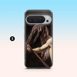May include: A clear phone case featuring a classical painting of an angel with a bow and arrow. The artwork depicts a winged figure with a dark background. The phone case is designed to fit a modern smartphone.