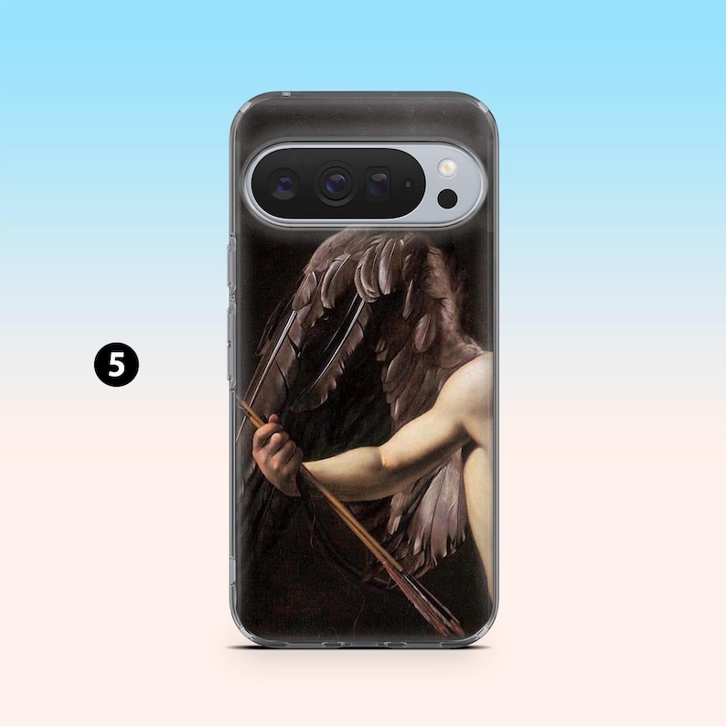 May include: A clear phone case featuring a classical painting of an angel with a bow and arrow. The artwork depicts a winged figure with a dark background. The phone case is designed to fit a modern smartphone.