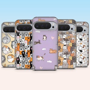 Peut inclure: Cinq coques de smartphone présentant divers motifs sur le thème des chats. Les coques affichent des illustrations de pattes de félins, de chats assis et de chats en mouvement dans des tons orange, gris, noir, blanc et lavande.