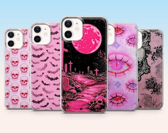 Pink Goth Phone Case Cute Spooky Cover for iPhone 17, 17Pro, 16, 15, 14, 13, 12, Samsung S26, S25, S24, A56, A36, A17, Pixel 10Pro, 9A, 9