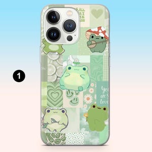 May include: A phone case with a collage of green and white squares. The design features cartoon frogs, hearts, daisies, and the words "You are so loved." The case has a clear border and a camera cutout.