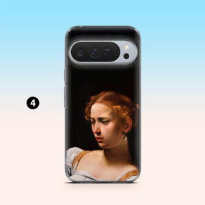 May include: A black phone case featuring a classical painting of a woman with red hair and a sorrowful expression. The artwork is set against a dark background, with the phone's camera and flash visible at the top.