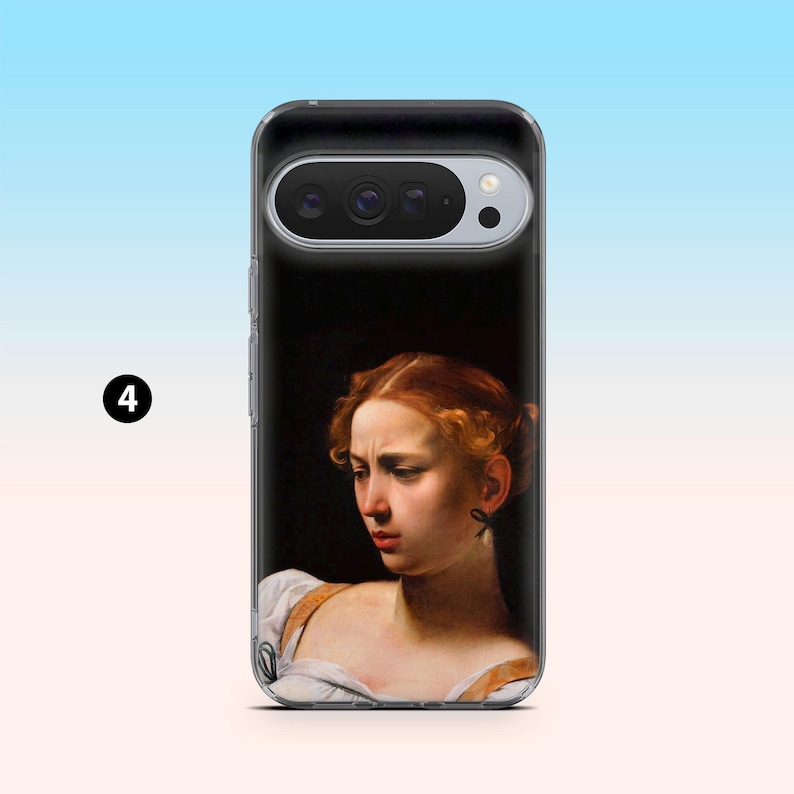 May include: A black phone case featuring a classical painting of a woman with red hair and a sorrowful expression. The artwork is set against a dark background, with the phone's camera and flash visible at the top.