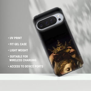 May include: A clear phone case featuring a classic painting of a golden crown being placed on a person's head. The case has the following features: UV print, fit gel case, light weight, suitable for wireless charging, and access to device ports.