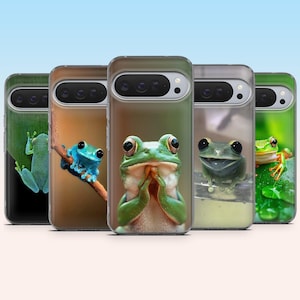 May include: A collection of phone cases featuring vibrant images of frogs in various poses. The cases showcase frogs in shades of green, blue, and orange, set against natural backgrounds. Each case has a clear protective cover.