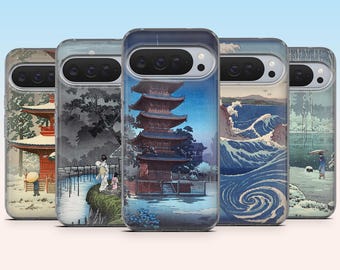 Blue Japanese Phone Case Japan Art Cover for Google Pixel 10, 10Pro, 9, 9Pro, 9A, 8, 7, 6, Samsung S26, S25, S24, A17, A16, iPhone 17Pro, 16