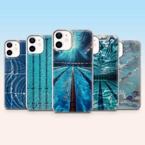 May include: A collection of five clear phone cases with vibrant blue swimming pool designs. Each case features a different view of a pool, including lane lines, underwater perspectives, and water reflections. The cases are displayed against a gradient blue background.