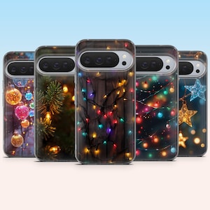 May include: Five smartphone cases arranged in a row, each featuring a distinct holiday-themed design. The patterns include colorful Christmas ornaments, green pine branches with lights, multicolored string lights on wood, and glowing stars.