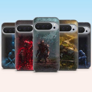 May include: A collection of five phone cases featuring fantasy art. Each case displays a different warrior scene, with varying color palettes of blue, red, and gold. The cases have a glossy finish and are designed to fit a specific phone model.