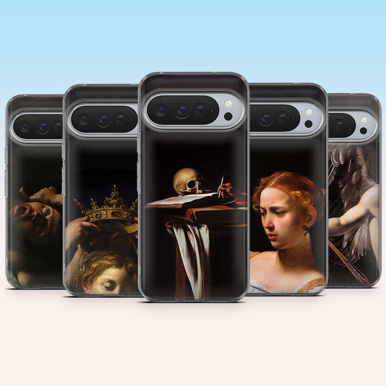 May include: A collection of phone cases featuring classical art prints. The cases display various Renaissance-style paintings with dark backgrounds and detailed figures. Each case showcases a different artwork, offering a variety of artistic expressions.