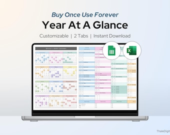 Calendario personalizable de un vistazo, hojas de cálculo de Google, hojas de cálculo de Excel, plantilla de planificador de resumen anual de 12 meses