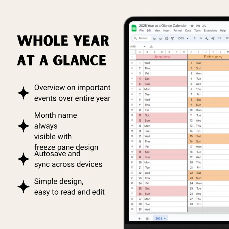 2025 Editable Year at a Glance Template Rainbow Color, Monthly Calendar