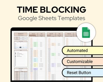 Plantilla de Hojas de Cálculo de Google para Planificadores de Bloqueo de Tiempo Editables con Botón de Reinicio / Rastreador de Tiempo de Horario Semanal / Monocromático