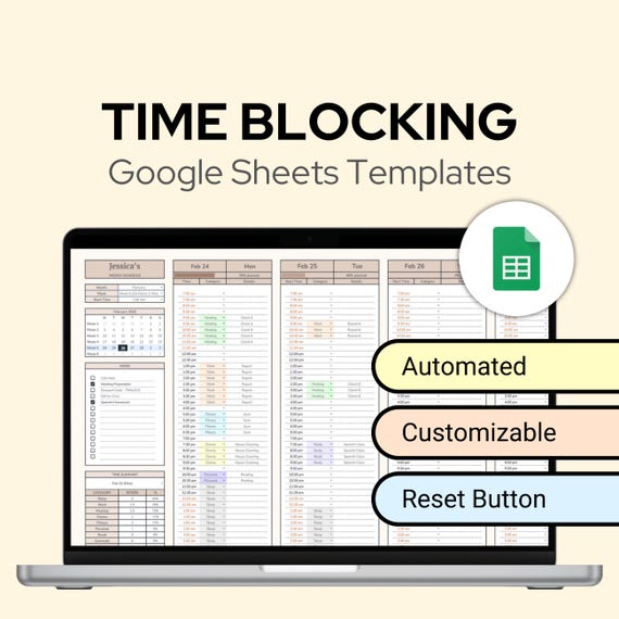 Editable Time-blocking Planners Google Sheets Template with Reset Button | Weekly Schedule Time Tracker | Monochromatic