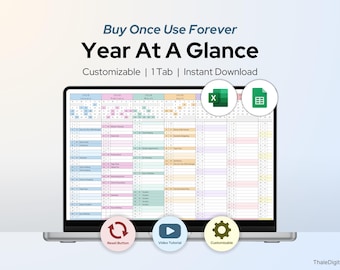 Calendrier personnalisable en un coup d'oeil avec bouton de réinitialisation Modèle de planificateur de présentation annuelle Excel de Google Sheets sur 12 mois