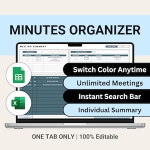 Meeting Minutes Organizer Google Sheets Excel Template | Meeting Notes Agenda Summary | Editable | Unlimited | Tasks Allocation | Search Bar
