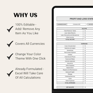 May include: A checklist of reasons to choose a business, with checkmarks next to each point. The reasons include: 100% Editable - Add/Remove Any Item As You Like, Covers All Currencies, Change Your Color Theme With One Click, Already Formulated - Excel Will Take Care Of All Calculations. The image also shows a sample profit and loss statement template.