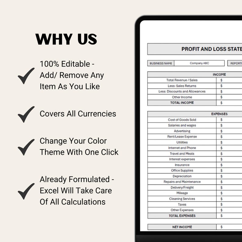 May include: A checklist of reasons to choose a business, with checkmarks next to each point. The reasons include: 100% Editable - Add/Remove Any Item As You Like, Covers All Currencies, Change Your Color Theme With One Click, Already Formulated - Excel Will Take Care Of All Calculations. The image also shows a sample profit and loss statement template.