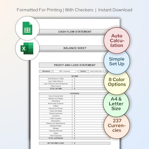 Small Business Financial Statements Template Single Year | Automated Checker, Excel & Google Sheets Printable Digital Download