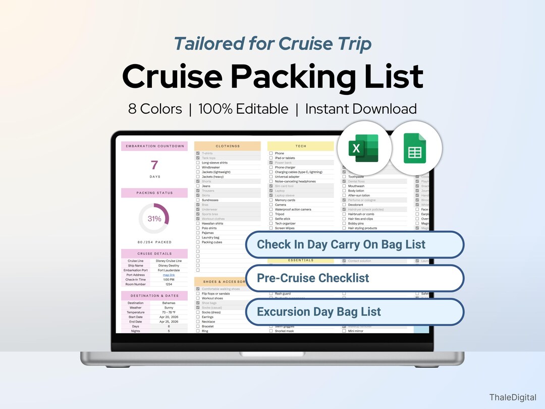 Editable Cruise Packing List Google Sheets Excel Spreadsheet Template ...