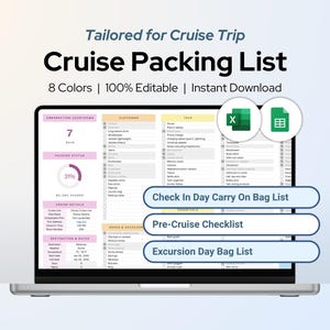 Editable Cruise Packing List Google Sheets Excel Spreadsheet Template Travel Pre-Departure Excursion Carry On Bag Checklist Digital Download