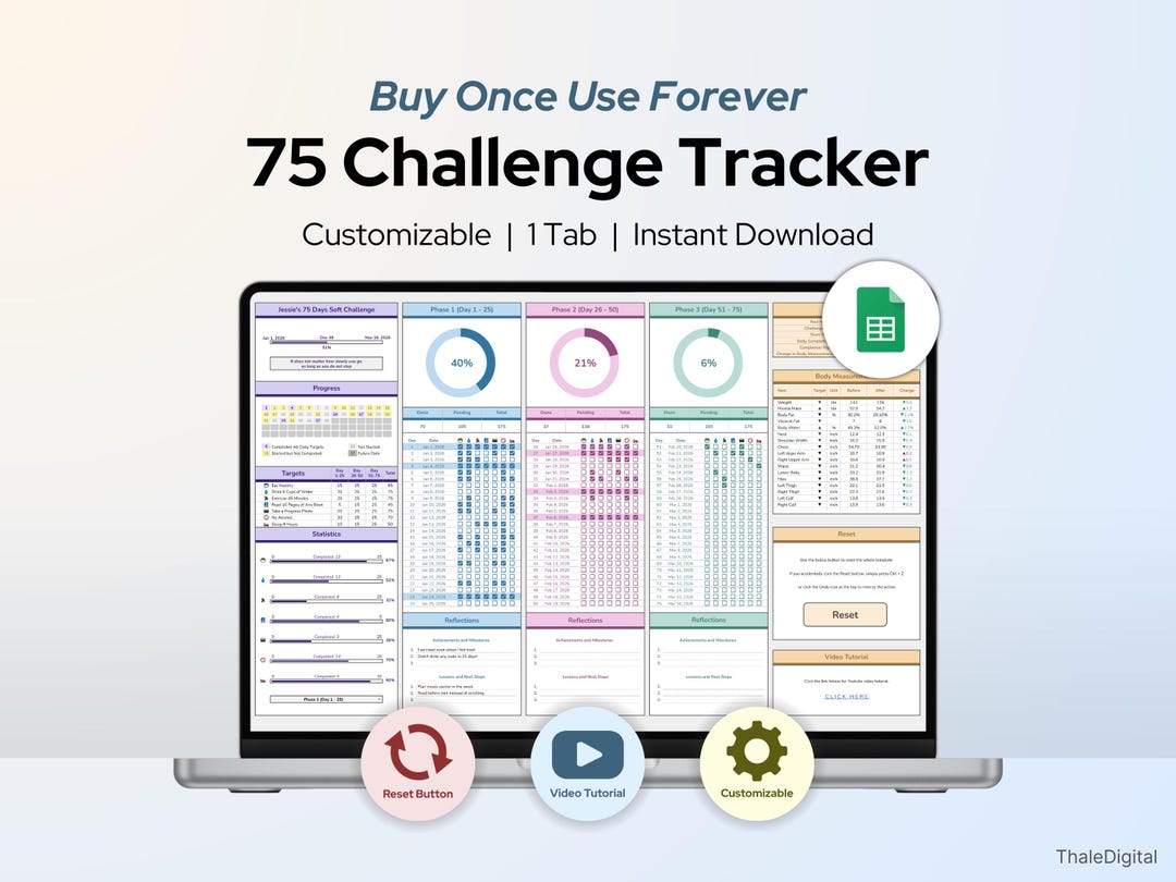 Editable 75 Soft Challenge Tracker Google Sheets Template With Reset ...