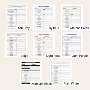 May include: A set of printable profit and loss statement templates in various colors, including ash gray, sky blue, matcha green, beige, light rose, light purple, midnight black, and plain white. Each template includes sections for income, expenses, and net income.