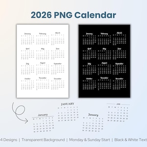 Calendario mensual digital PNG 2026, alta resolución, fondo transparente, inicio domingo-lunes, descarga instantánea.