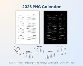 PNG Calendar Month 2026 High Resolution Transparent Background Sunday Monday Start Instant Download Digital Monthly Calendar