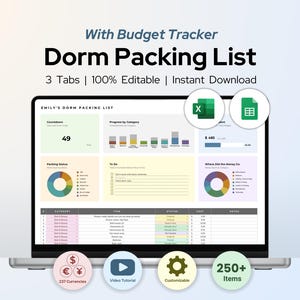 May include: A digital dorm packing list template displayed on a laptop screen, featuring a budget tracker, countdown, progress charts, and a checklist. The interface includes sections for packing status, to-do items, and expenses with 3 tabs.