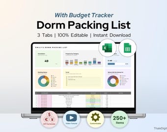 Editable College Packing List: Dorm Move-In Checklist (Google Sheets, Excel) (Digital Download)
