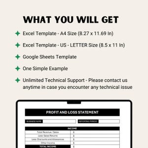 May include: A screenshot of a computer screen showing a profit and loss statement template. The template is in a spreadsheet format and includes fields for business name, reporting period, total revenue, sales returns, discounts and allowances, other income, and total income.