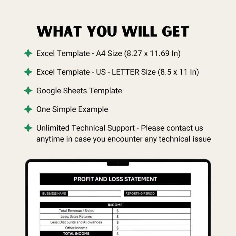 May include: A screenshot of a computer screen showing a profit and loss statement template. The template is in a spreadsheet format and includes fields for business name, reporting period, total revenue, sales returns, discounts and allowances, other income, and total income.