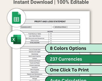 Szablon zysków i strat dla małej firmy – Arkusze kalkulacyjne Excel i Arkusze Google | Rachunek zysków i strat | W 100% edytowalny | 8 kolorów | Obsługa wielu walut