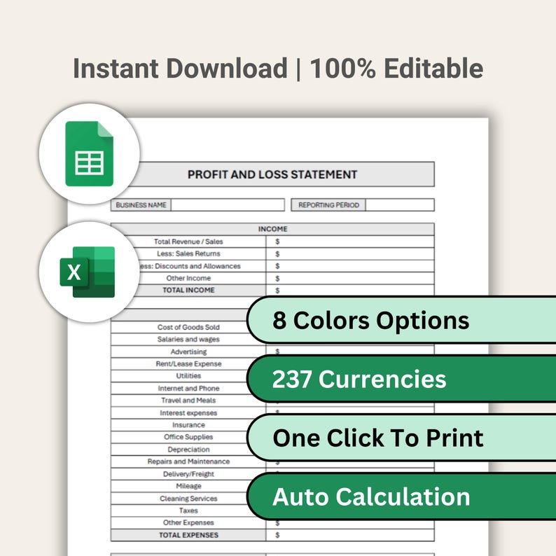 Small Business Profit and Loss Template - Excel Spreadsheets & Google Sheets | Income Statement | 100% Editable | 8 Color | Multi-Currencies image 1
