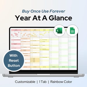 Aanpasbare jaarkalender in één oogopslag met resetknop regenboogkleur Google Spreadsheets Excel-spreadsheet Nieuwjaarplannersjabloon