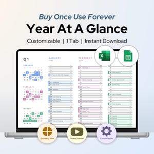 May include: A digital Year At A Glance calendar displayed on a laptop screen. The interface features a quarterly layout with monthly grids for January, February, and March, alongside task lists. Includes Excel and Google Sheets icons and buttons.