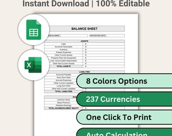 Small Business Balance Sheet Template with Checker - Excel Spreadsheets & Google Sheets | 100% Editable | 8 Color | Multi-Currencies