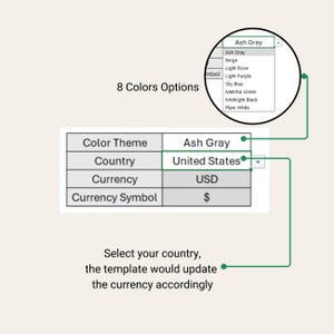 May include: A table with a dropdown menu showing 8 color options for a theme. The table also shows a dropdown menu for country selection, with "United States" selected. The currency is shown as "USD" with a dollar sign as the currency symbol.