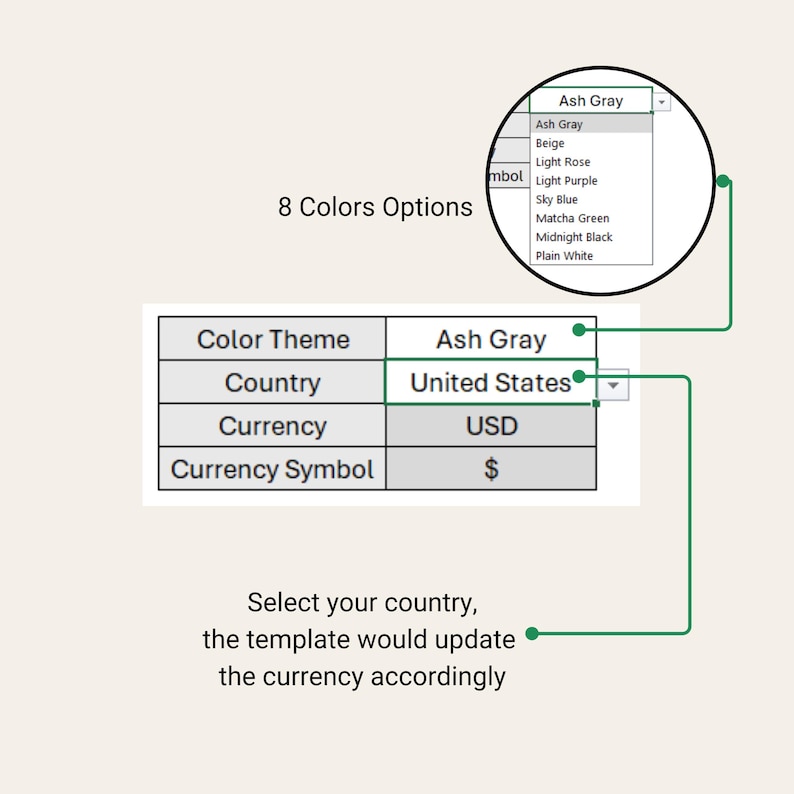 May include: A table with a dropdown menu showing 8 color options for a theme. The table also shows a dropdown menu for country selection, with "United States" selected. The currency is shown as "USD" with a dollar sign as the currency symbol.