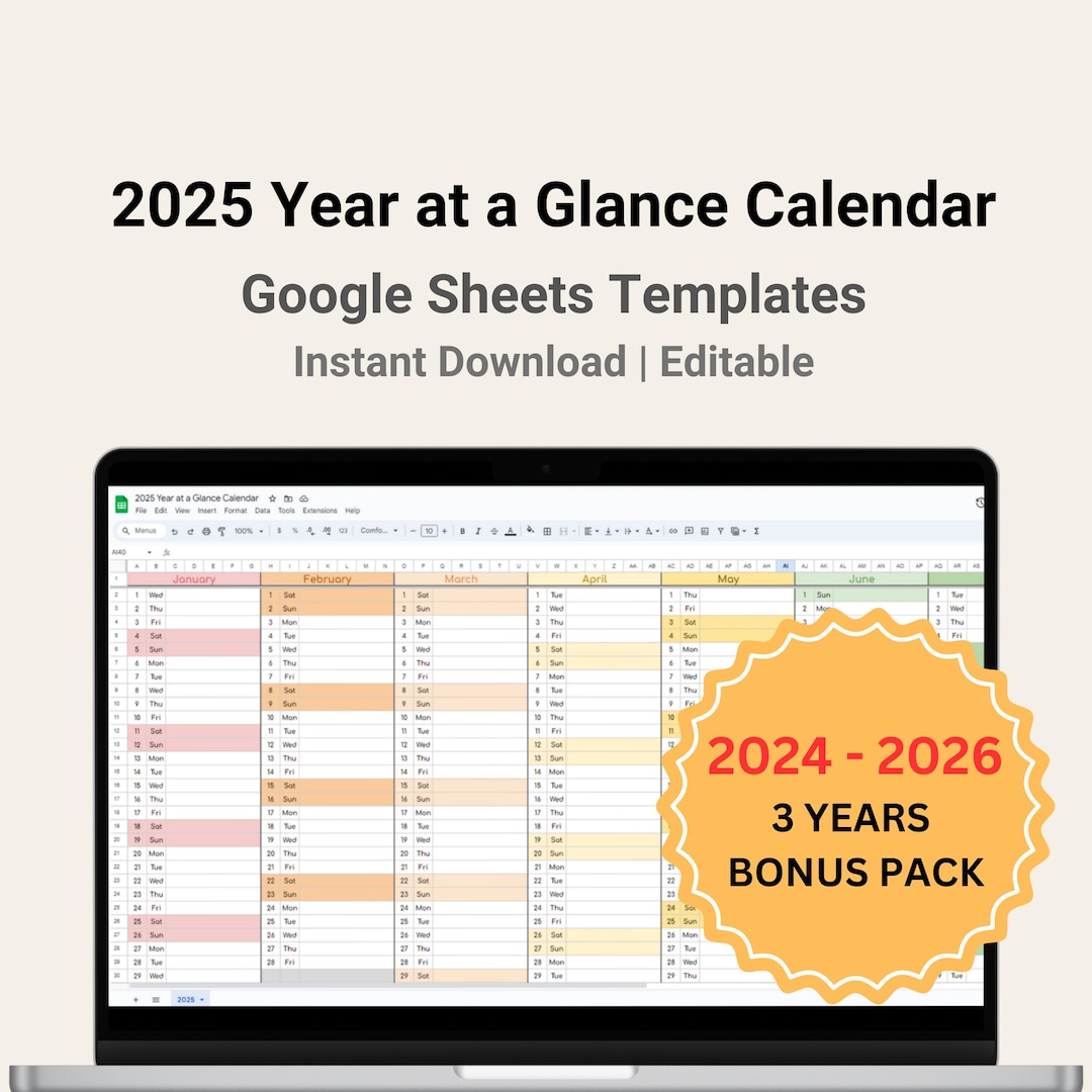 2025 Editable Year at a Glance Template Rainbow Color, Monthly Calendar