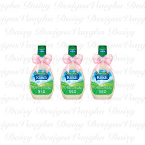 May include: Three bottles of Hidden Valley Ranch dressing, each with a pink bow. The bottles are 16 fluid ounces and say "Topping & Dressing" on the label.