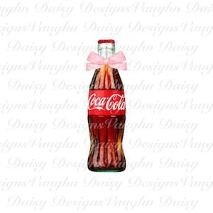May include: A glass bottle of Coca-Cola with a pink bow tied around the neck. The bottle is full of dark brown liquid and has a red label with the Coca-Cola logo.