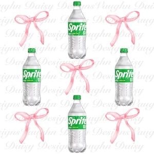 May include: A seamless pattern featuring five clear glass bottles of Sprite soda with green labels. Each bottle is surrounded by a pink bow.